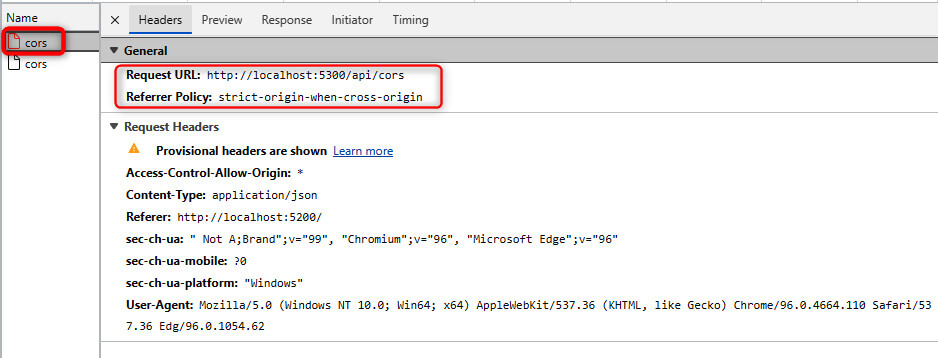 Figure 3.10 – Second request for the CORS call (blocked by the browser)