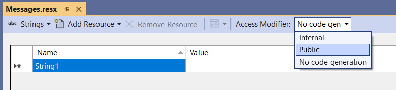 Figure 9.4 – Changing the Access Modifier of the resource file